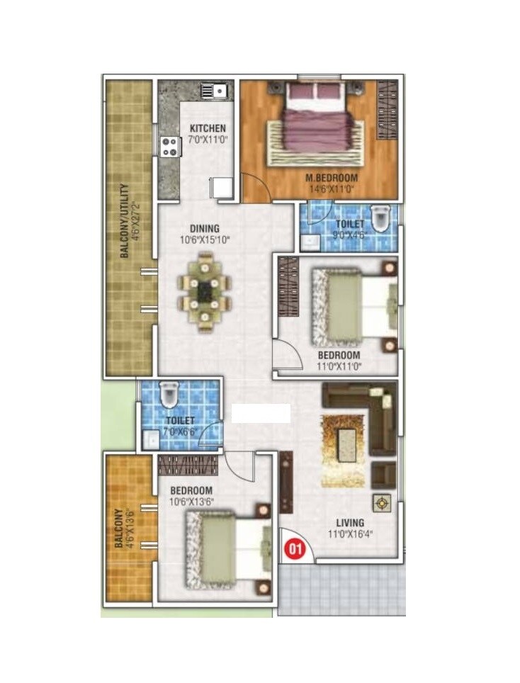 Floor plan of 3 BHK 1502 Sq. Ft. Apartment in Navajyothi Paradise Palms, Bangalore