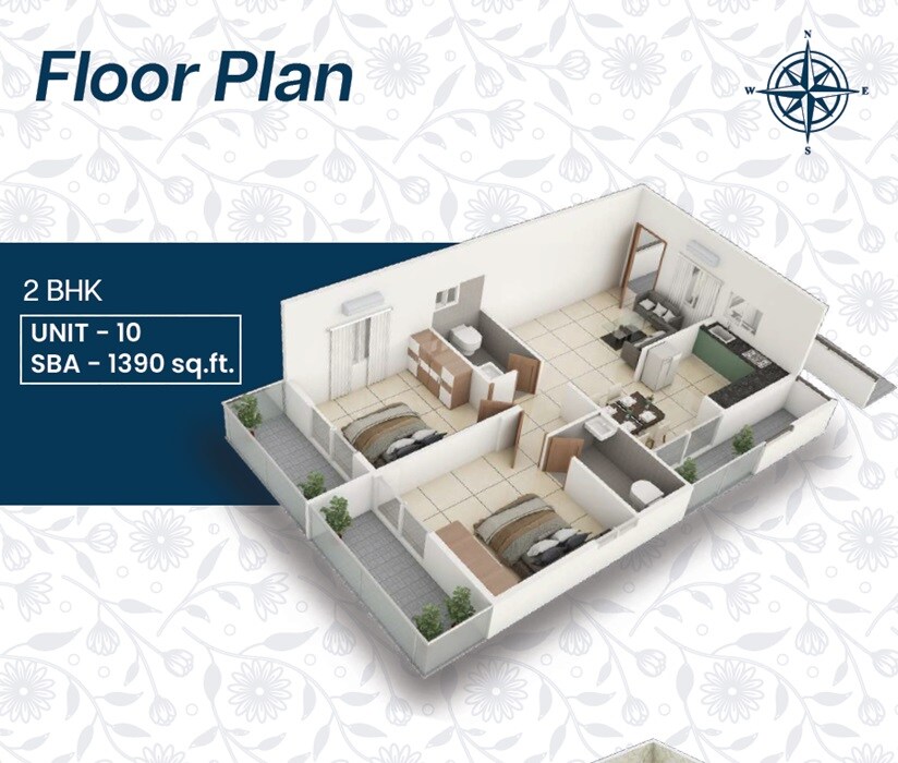 Floor plan of 2 BHK 1390 Sq. Ft. Apartment in Navakruthi Garden Bay, Bangalore