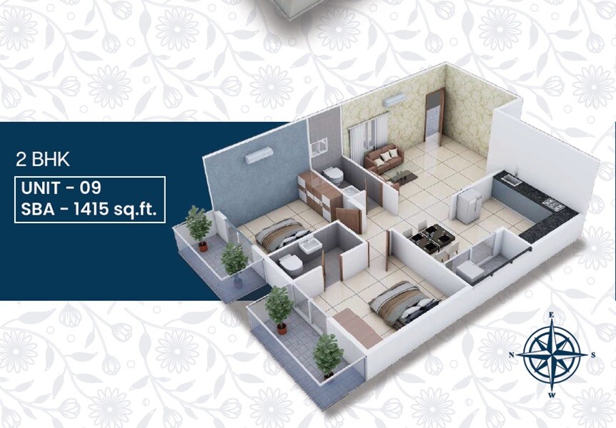 Floor plan of 2 BHK 1415 Sq. Ft. Apartment in Navakruthi Garden Bay, Bangalore