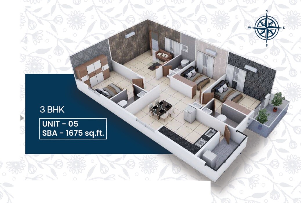 Floor plan of 3 BHK 1675 Sq. Ft. Apartment in Navakruthi Garden Bay, Bangalore