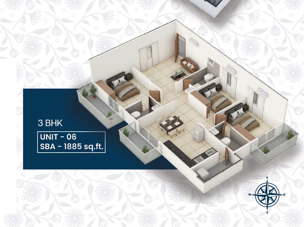 Floor plan of 3 BHK 1885 Sq. Ft. Apartment in Navakruthi Garden Bay, Bangalore