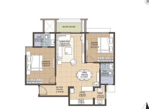 Floor plan of 2 BHK 801 Sq. Ft. Apartment in Navami Funique, Bangalore