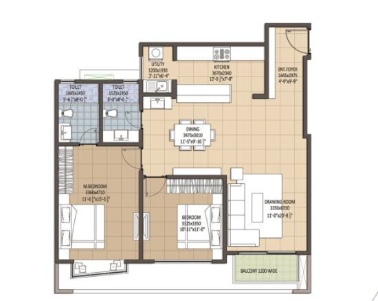 Floor plan of 2 BHK 932 Sq. Ft. Apartment in Navami Funique, Bangalore