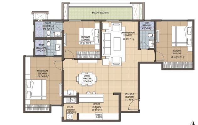 Floor plan of 3 BHK 1074 Sq. Ft. Apartment in Navami Funique, Bangalore