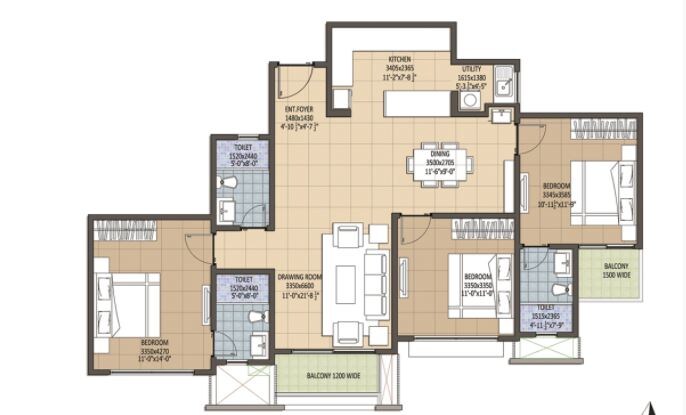Floor plan of 3 BHK 1132 Sq. Ft. Apartment in Navami Funique, Bangalore