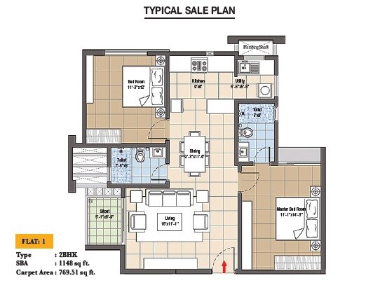 Floor plan of 2 BHK 1148 Sq. Ft. Apartment in Navami LandMaark, Bangalore