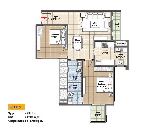 Floor plan of 2 BHK 1240 Sq. Ft. Apartment in Navami LandMaark, Bangalore