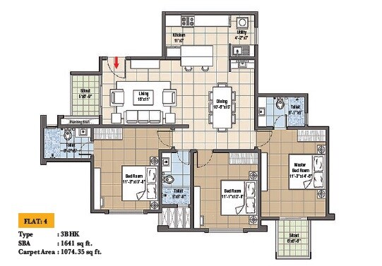 Floor plan of 3 BHK 1641 Sq. Ft. Apartment in Navami LandMaark, Bangalore