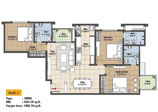 Floor plan of 3 BHK 1652 Sq. Ft. Apartment in Navami LandMaark, Bangalore