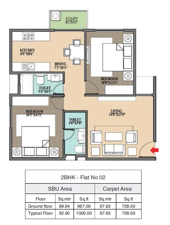 Floor plan of 2 BHK 1000 Sq. Ft. Apartment in Navami Vruksha, Bangalore