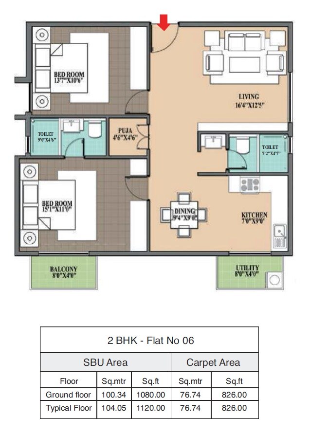 Floor plan of 2 BHK 1120 Sq. Ft. Apartment in Navami Vruksha, Bangalore