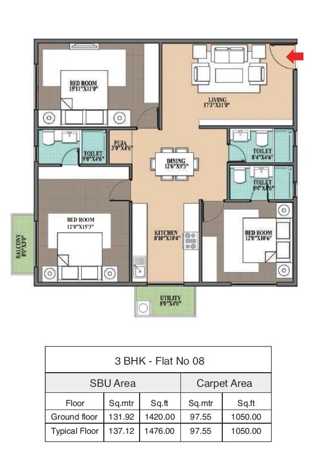 Floor plan of 3 BHK 1476 Sq. Ft. Apartment in Navami Vruksha, Bangalore
