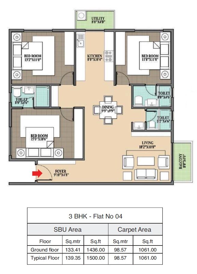 Floor plan of 3 BHK 1500 Sq. Ft. Apartment in Navami Vruksha, Bangalore