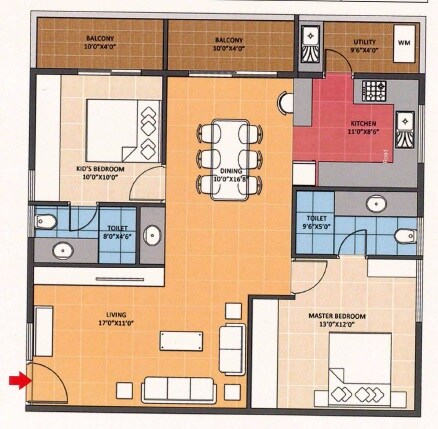 Floor plan of 2 BHK 1260 Sq. Ft. Apartment in Navanaami Lavender, Bangalore
