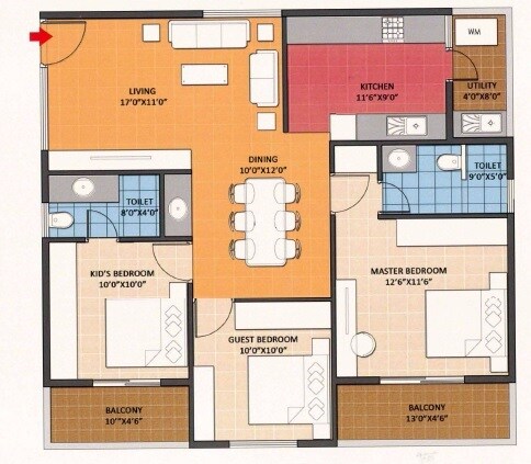 Floor plan of 3 BHK 1395 Sq. Ft. Apartment in Navanaami Lavender, Bangalore