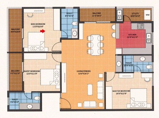 Floor plan of 3 BHK 1735 Sq. Ft. Apartment in Navanaami Lavender, Bangalore
