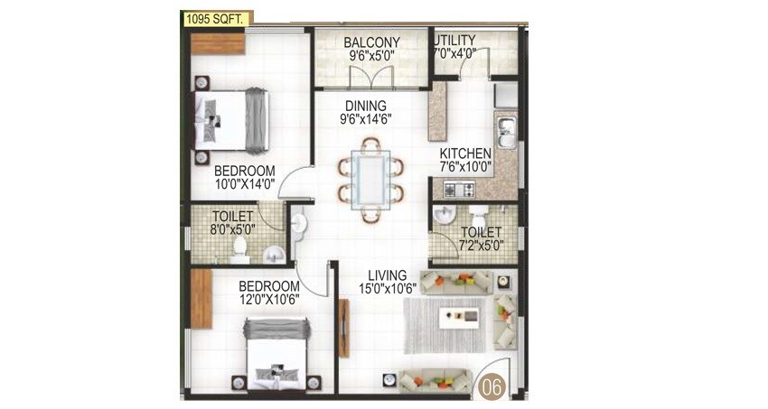 Floor plan of 2 BHK 1095 Sq. Ft. Apartment in Navya Nisarga, Bangalore