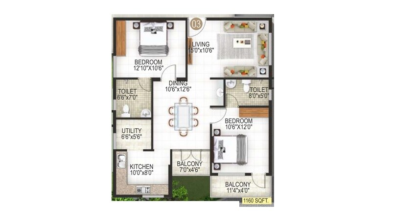 Floor plan of 2 BHK 1160 Sq. Ft. Apartment in Navya Nisarga, Bangalore