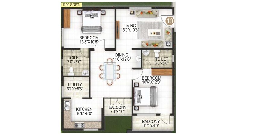 Floor plan of 2 BHK 1190 Sq. Ft. Apartment in Navya Nisarga, Bangalore