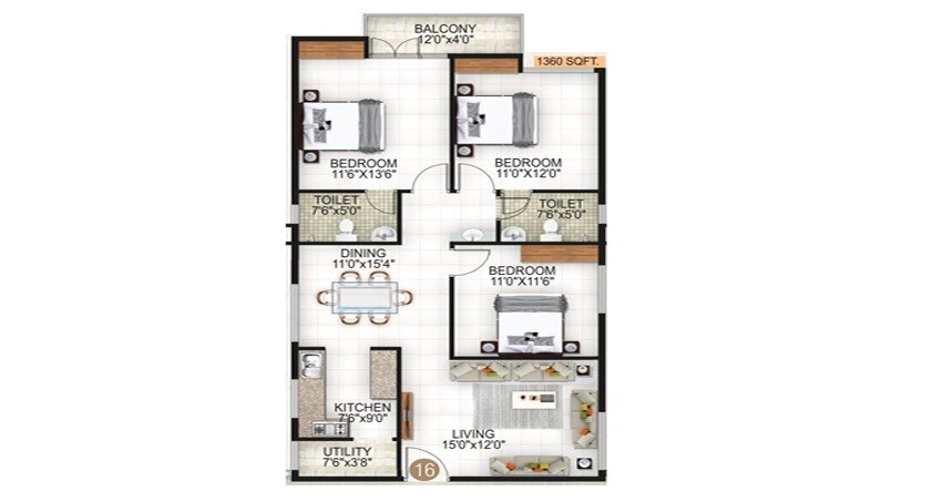Floor plan of 3 BHK 1360 Sq. Ft. Apartment in Navya Nisarga, Bangalore