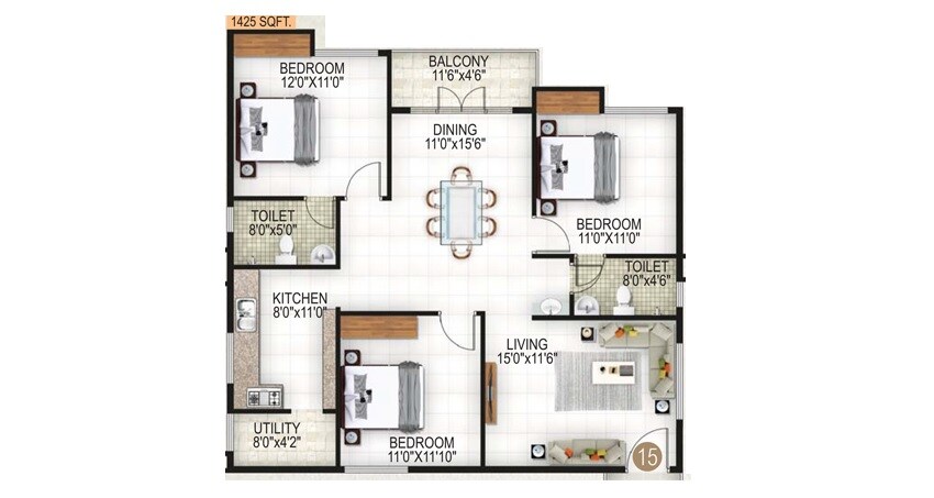 Floor plan of 3 BHK 1425 Sq. Ft. Apartment in Navya Nisarga, Bangalore