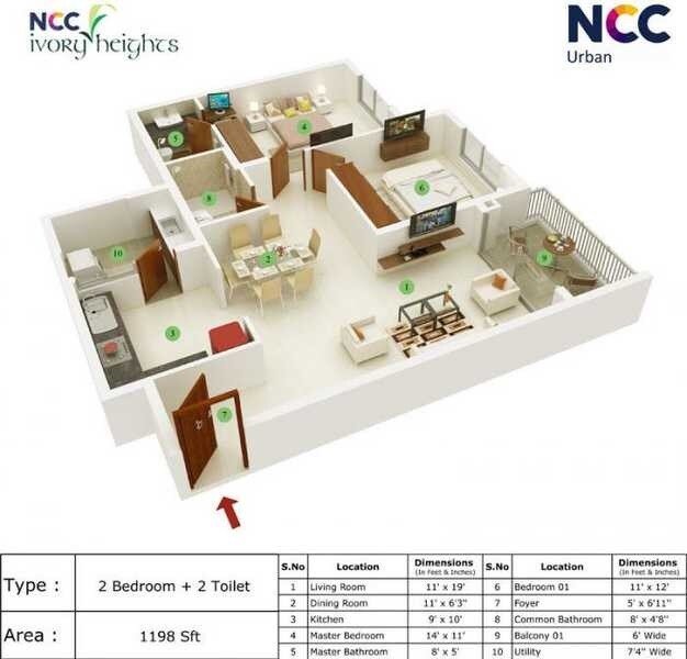 Floor plan of 2 BHK 1198 Sq. Ft. Apartment in NCC Ivory Heights, Bangalore