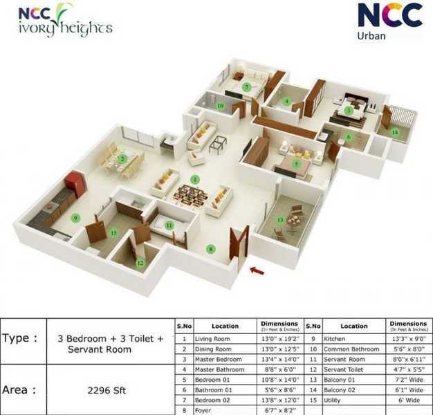 Floor plan of 3 BHK 2296 Sq. Ft. Apartment in NCC Ivory Heights, Bangalore