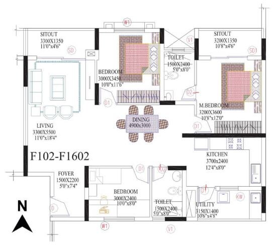Floor plan of 2 BHK 1197 Sq. Ft. Apartment in NCC Nagarjuna Meadows 2, Bangalore