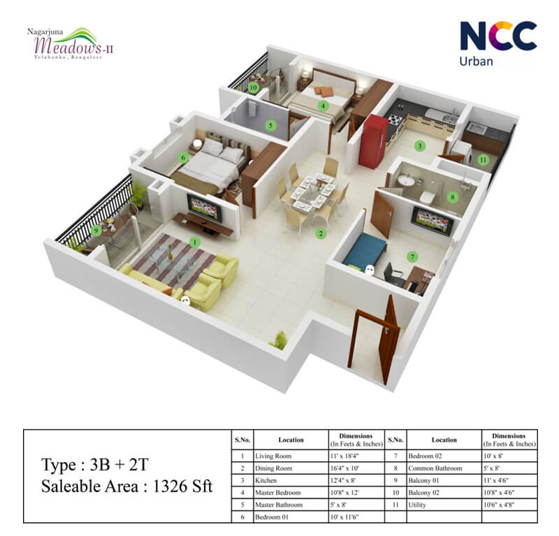 Floor plan of 3 BHK 1326 Sq. Ft. Apartment in NCC Nagarjuna Meadows 2, Bangalore