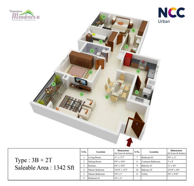 Floor plan of 3 BHK 1342 Sq. Ft. Apartment in NCC Nagarjuna Meadows 2, Bangalore