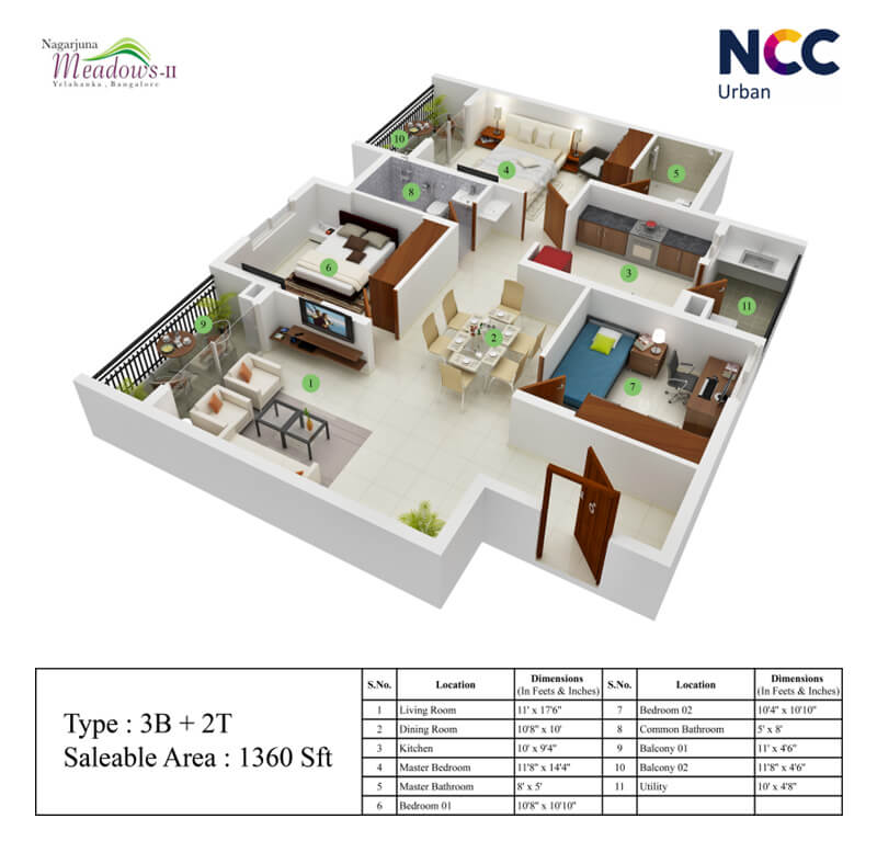 Floor plan of 3 BHK 1360 Sq. Ft. Apartment in NCC Nagarjuna Meadows 2, Bangalore