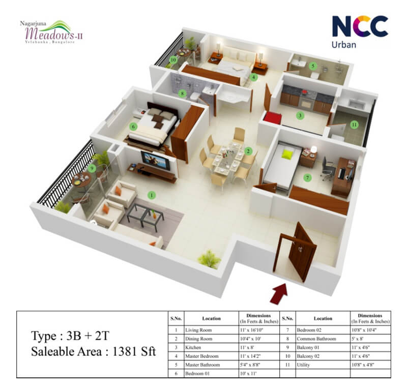 Floor plan of 3 BHK 1381 Sq. Ft. Apartment in NCC Nagarjuna Meadows 2, Bangalore