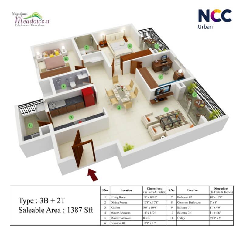 Floor plan of 3 BHK 1387 Sq. Ft. Apartment in NCC Nagarjuna Meadows 2, Bangalore