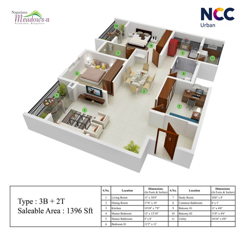 Floor plan of 3 BHK 1396 Sq. Ft. Apartment in NCC Nagarjuna Meadows 2, Bangalore