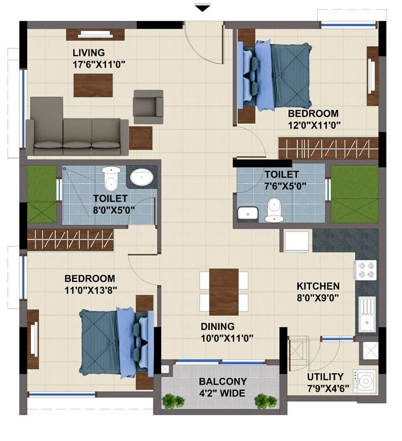 Floor plan of 2 BHK 1205 Sq. Ft. Apartment in NCC Urban Mayfair, Bangalore