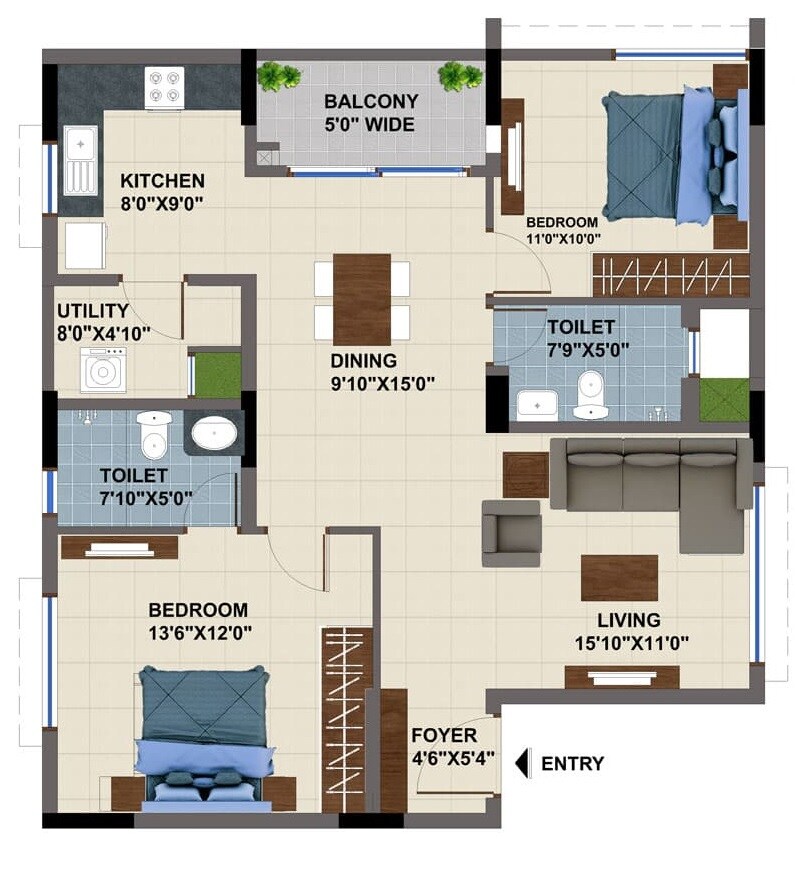 Floor plan of 2 BHK 1182 Sq. Ft. Apartment in NCC Urban Mayfair, Bangalore