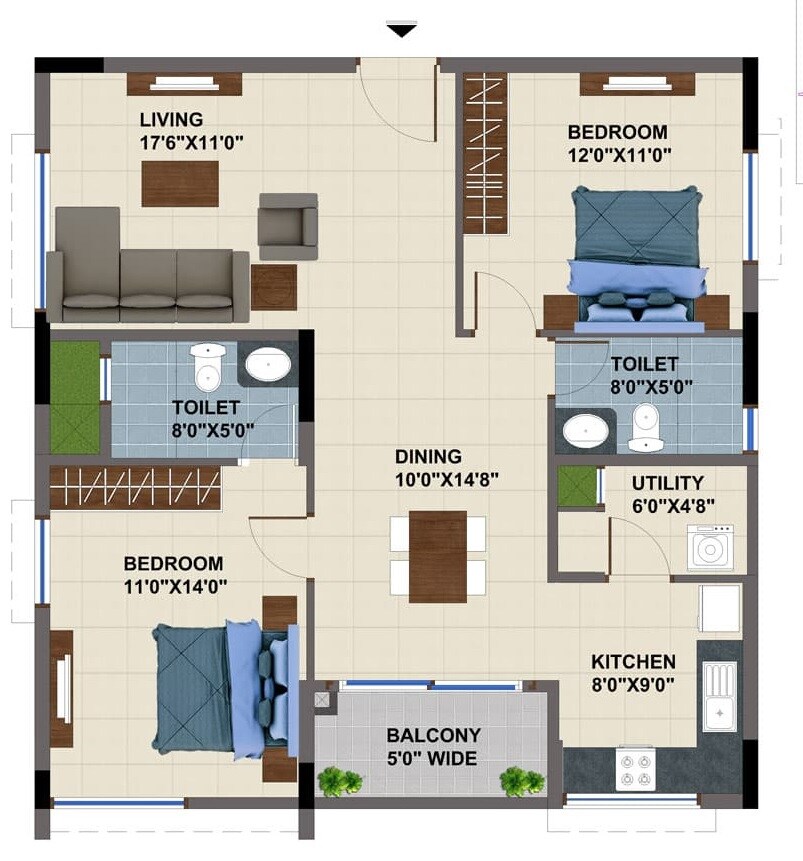 Floor plan of 2 BHK 1285 Sq. Ft. Apartment in NCC Urban Mayfair, Bangalore