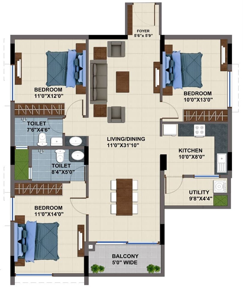 Floor plan of 3 BHK 1435 Sq. Ft. Apartment in NCC Urban Mayfair, Bangalore