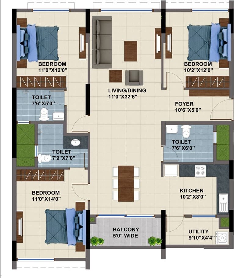 Floor plan of 3 BHK 1595 Sq. Ft. Apartment in NCC Urban Mayfair, Bangalore