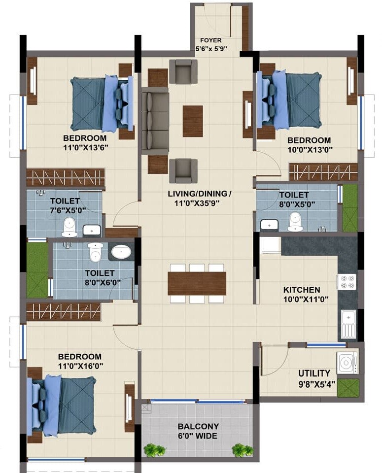 Floor plan of 3 BHK 1734 Sq. Ft. Apartment in NCC Urban Mayfair, Bangalore