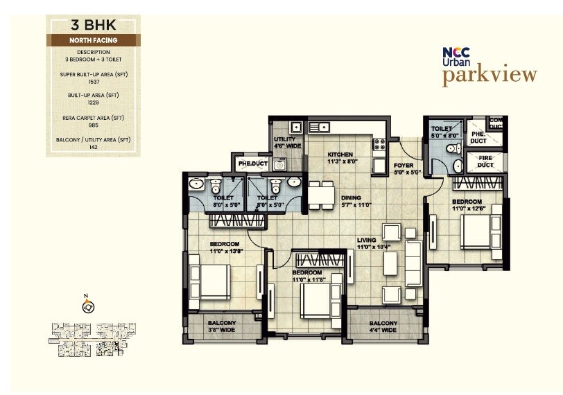 Floor plan of 3 BHK 1537 Sq. Ft. Apartment in NCC Urban Park View, Bangalore