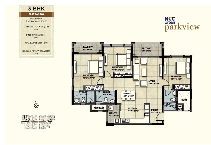 Floor plan of 3 BHK 1638 Sq. Ft. Apartment in NCC Urban Park View, Bangalore