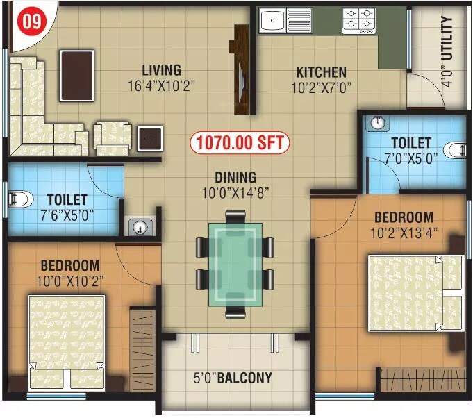 Floor plan of 2 BHK 1070 Sq. Ft. Apartment in NCN Diamond, Bangalore