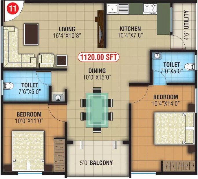 Floor plan of 2 BHK 1120 Sq. Ft. Apartment in NCN Diamond, Bangalore