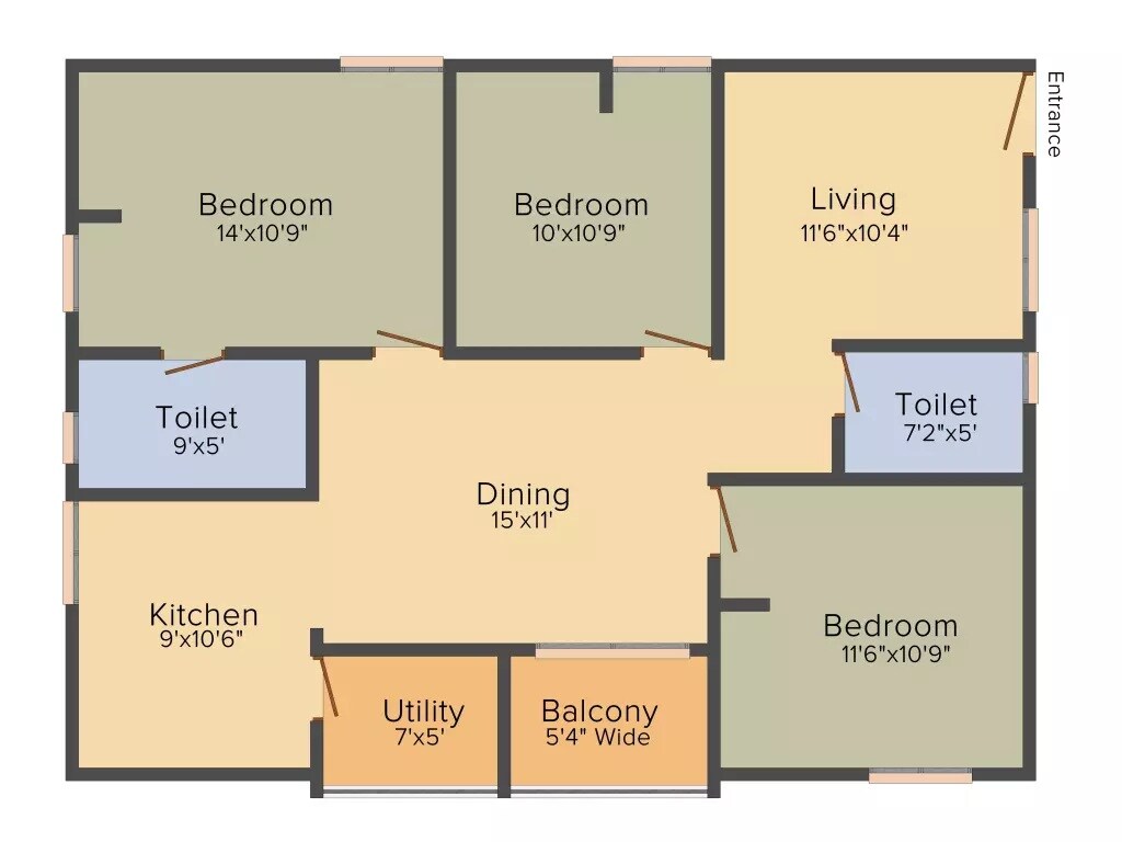 Floor plan of 3 BHK 1285 Sq. Ft. Apartment in NCN Diamond, Bangalore