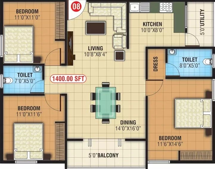 Floor plan of 3 BHK 1400 Sq. Ft. Apartment in NCN Diamond, Bangalore