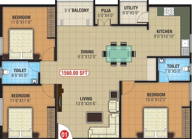 Floor plan of 3 BHK 1560 Sq. Ft. Apartment in NCN Diamond, Bangalore