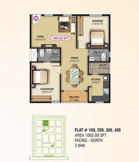 Floor plan of 2 BHK 1062 Sq. Ft. Apartment in NCN Srivari, Bangalore