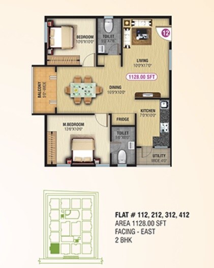 Floor plan of 2 BHK 1128 Sq. Ft. Apartment in NCN Srivari, Bangalore
