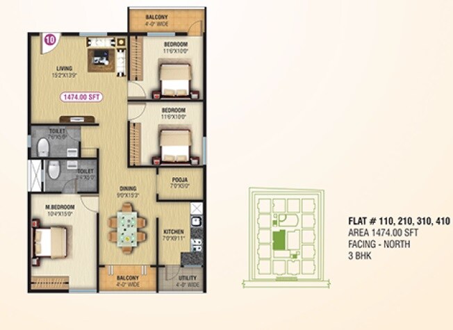 Floor plan of 3 BHK 1474 Sq. Ft. Apartment in NCN Srivari, Bangalore